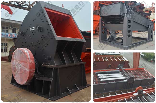 固定砂石廠設備(左破碎機,右上給料機,右下振動篩)